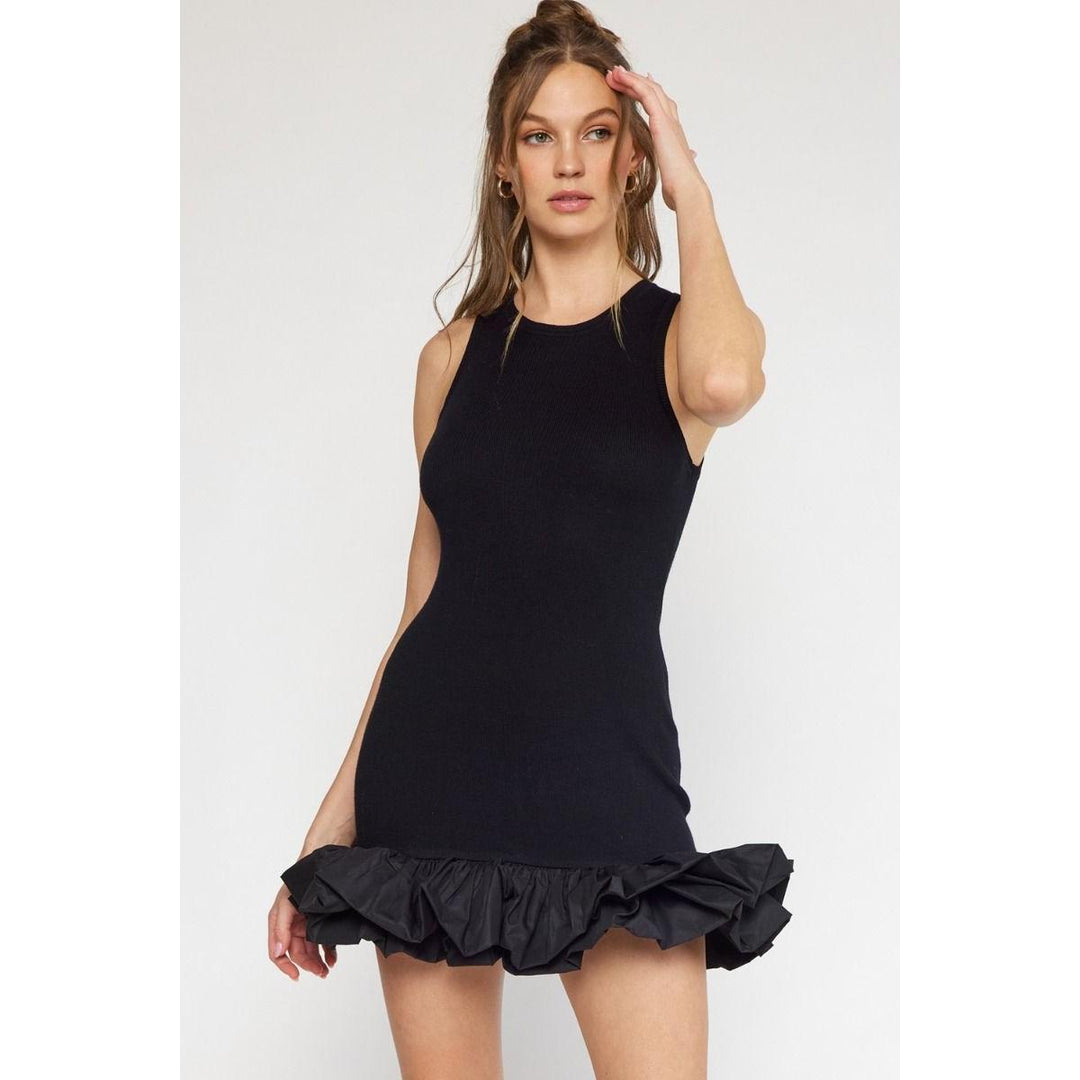 rib-knit ruffle hem dress Solid Pocket Rib Knit Ruffle Hem Dress Without BeltColor: BlackWith Pockets